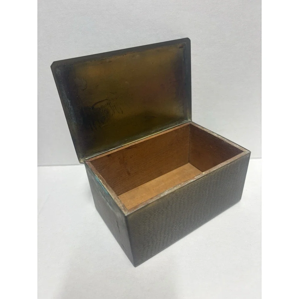 Box Hammered Brass Wood inside trinket small rectangular 5 x 2.5 x 3.5 vintage